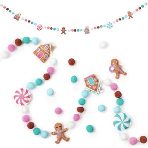 Newwiee Christmas Felt Garland 3D Felt Gingerbread Garland Hanging 8.2 ft Candy Pom Ball Banner for Christmas Holiday Playroom Mantel Wall Decoration