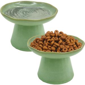 VCEPJH Elevated Shallow Cat Bowls 6.1in Ceramic Cat Food Plate Pack of 2 Raised Cats Dish Flat Anti Whisker Fatigue Wide Pet Food & Water Feeder for Indoor Kitty Kitten (Green)
