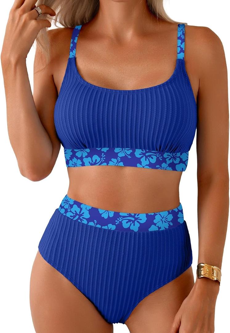 Herseas Women's Textured Bikini Sets Floral Print Trim Scoop Neck Swimsuits High Waisted Bathing Suits (Medium, Royal Blue)