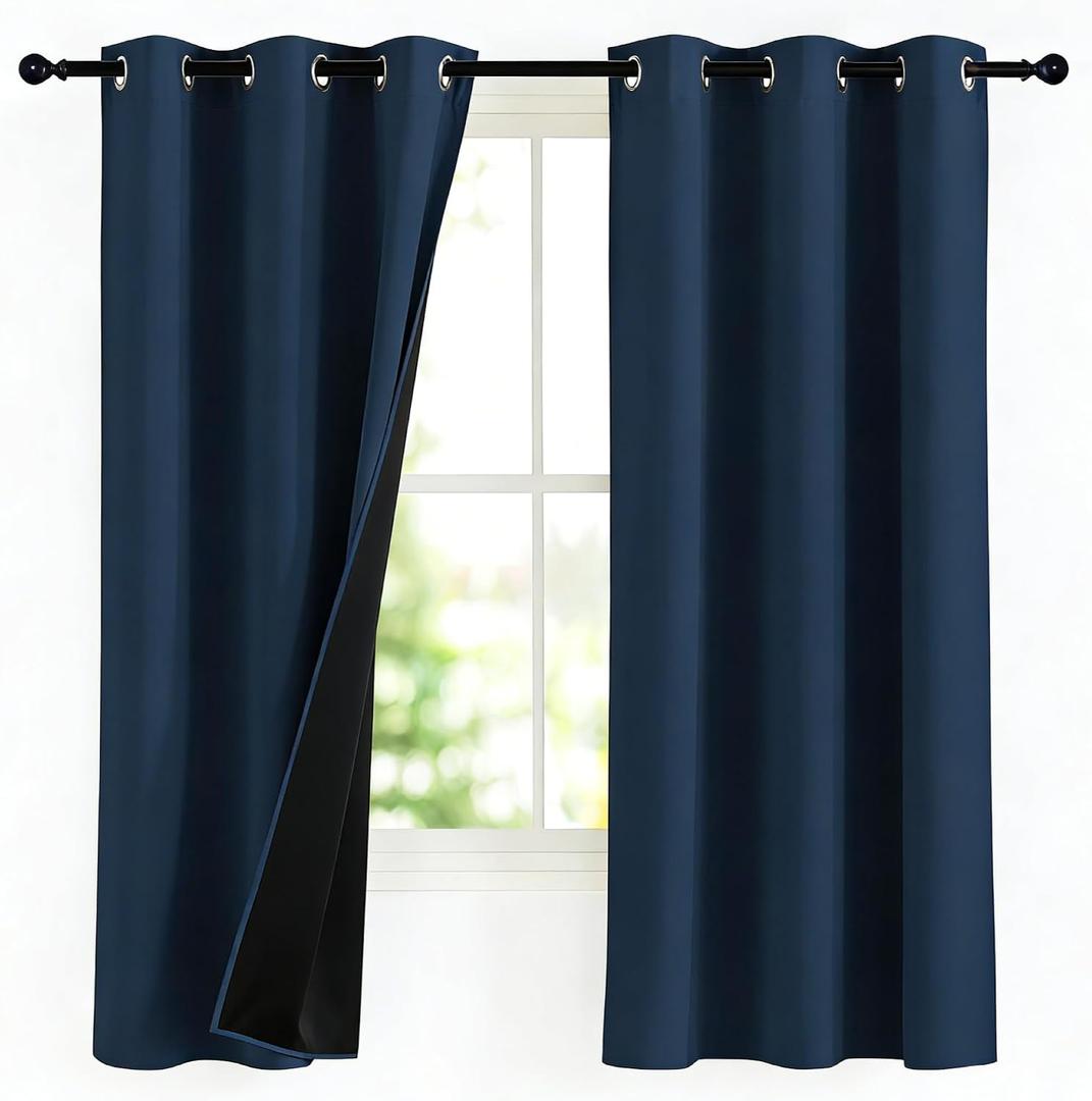 NICETOWN 100% Blackout Navy Blue Curtains, W42 x L63 in, 2 Panels Thermal Insulated Short Black Out Curtains with Grommet for Kids Boys Room, Privacy Drapes Calm Down Mood for Bedroom Office