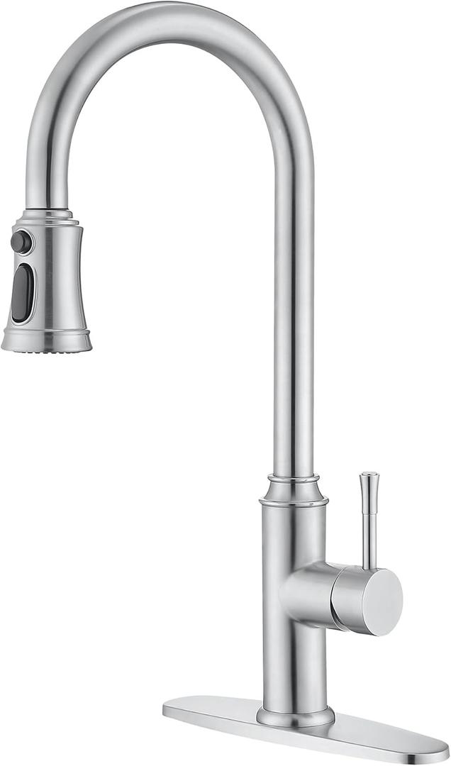 Kitchen Faucet with Pull Down Sprayer, Brushed Nickel Sink Faucet with Deck Plate,Single Handle High Arc Kitchen Sink Pull Out Kitchen Faucets,Stainless Steel Kitchen Faucet 360 Rotatable