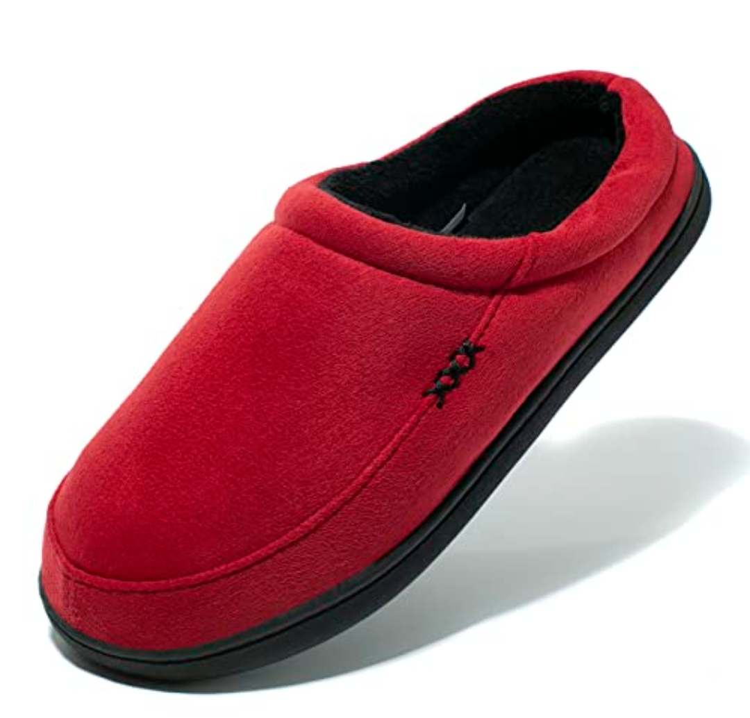 NewDenBer Men's Warm Memory Foam Suede Plush Fleece Lined Slip on Indoor Outdoor Clog House Slippers (11-12 D(M) US, Red/Black)
