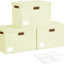 Roobyl 17" Large Collapsible Storage Bins with Lids, Stackable Closet Organizers with PU Handle and Labels, 3-Pack Decorative Fabric Storage Boxes for Home, Bedroom, Closet, Office, Nursery(Beige)