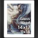 Frame Amo 14x17 Black Solid Wood Poster Frame, White Mat for 11x14 Image, Tempered Glass Front, 1.5 inch Wide, 1 inch Thick, High-End, Heavy-Duty, Gallery Grade & Acid-Free