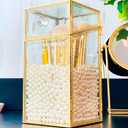 Makeup Brush Holder Organizer with Lid, Glass Cosmetic Make Up Brushes Container, Clear Makeup Tool Storage Box Cup with Pearls, Vintage Dustproof Vanity Decor for Countertop Desktop