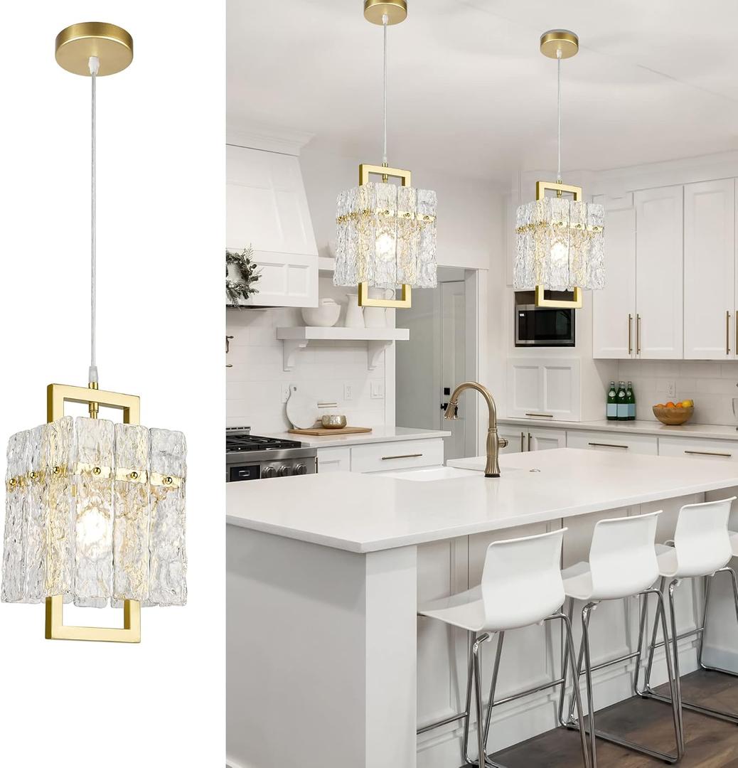 IKK Gold Crystal Pendant Light for Kitchen Island, Luxury Water Ripple Glass Chandelier Lights Fixture, Modern Elegant Adjustable Pendant Lighting for Dining Room Bedroom, E12 Bulb, L6.5'' x H11.8'' (Gold L7"*H12")
