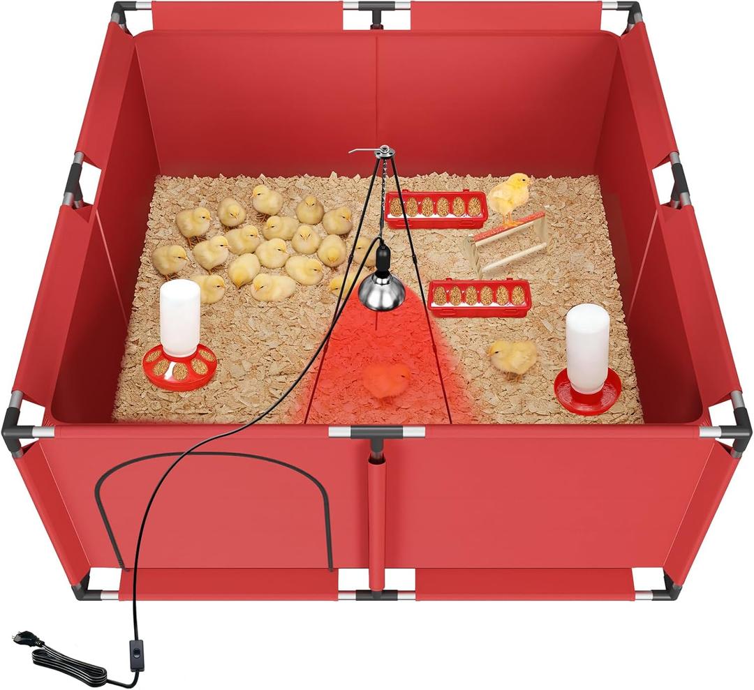 Brooder Box for Chicks, All-in-One Chick Starter Kit, Stainless Steel Frame Baby Chicken Brooder Playpen with 250W Heat Lamp, Perch, Feeder & Waterer Set, Up to 30 Chicks, Square Style