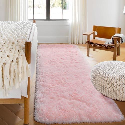 ONASAR Pink Runner Rugs for Bedroom Living Room, 2x6 Bedside Hallway Fluffy Area Rug, Ultra Soft Plush Furry Faux Fur Non Slip Floor Carpet for Nursery Kids Dorm Closet Home Decor Aesthetic