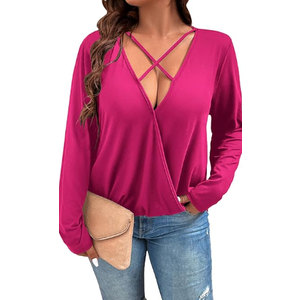 Women's Plus Size Criss Cross Long Sleeve T Shirt Wrap Deep V Neck Tee, Size XL