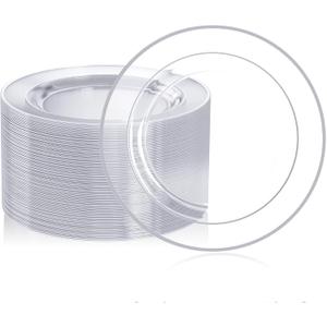 FOCUSLINE 100 Clear Silver Plastic Plates 10 Inch, Disposable Clear Plates with Silver Rim, Premium Hard Plastic Plate Fancy Disposable Dinner Plate for Wedding Parties