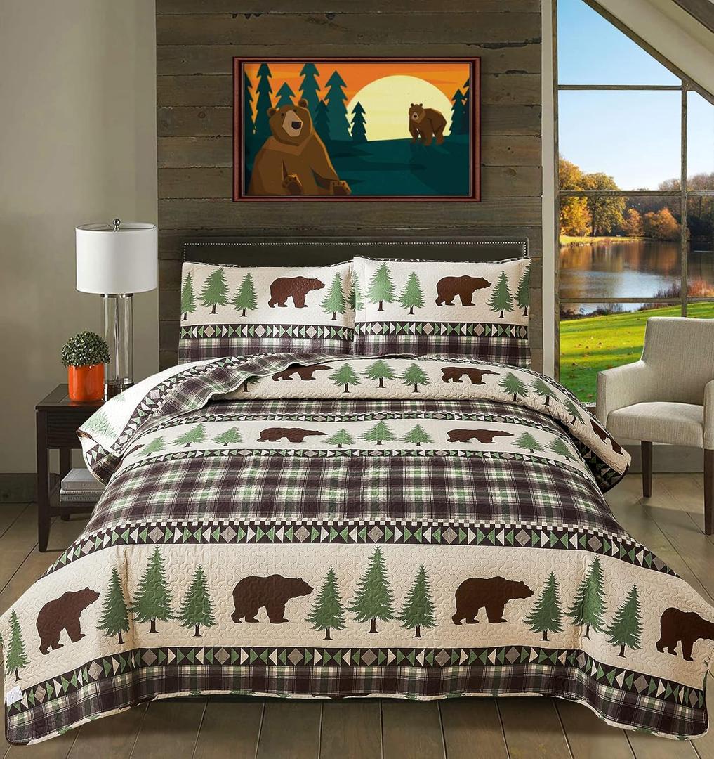 CHESITY Lodge Bedspread Twin Size,3 Piece Rustic Cabin Quilt Set Brown eBar Green Pine Tree Coverlet Lightweight Soft Reversible Plaid Stripe Bed Cover Farmhouse Decor for All Season(68"x 86")