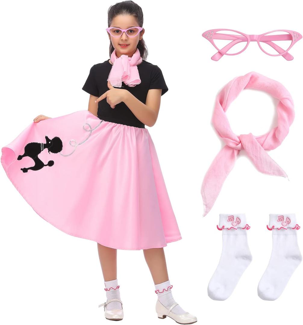 Leadtex 50s Poodle Skirt Sock Hop Costume Accessory Set for Girls with Scarf,Glasses,Socks. (M(8-10), Pink)