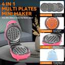 Baker's Friend 4 in 1 Mini Waffle Maker with Removable Plates, Set Includes Mini Pancake, Donut, Heart Shape Waffle Makers, Compact Size, Recipe Included, Red