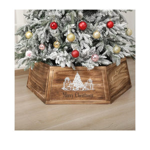 40" Wood Christmas Tree Collar, XL Hexagon Xmas Bottom Cover, Rustic Vintage Skirt for 7.5-11 ft Christmas Tree, Wooden Xmas Oversized Holiday Decor for Home Festive Party(Brown,Cute)