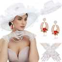 Tradder 3 Pcs Derby Outfits for Women Organza Fascinator Hat Beaded Derby Earrings Gloves Tea Party Outfit for Ladies (White, M)