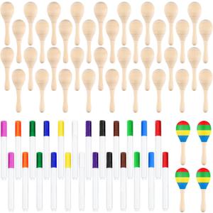 40Pcs DIY Wooden Maracas for Kids, Mini Maracas for Mexican Fiesta Party Favors with 24Pcs Multicolor Pens, Cinco De Mayo Party Supplies (Natural)