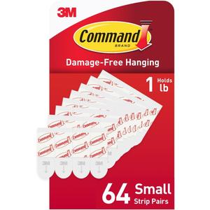 Command Indoor Small Replacement Strips, 64 Strips, Damage-Free Wall Hanging, Re-Hang Small Hooks for Home and Wall Decor, Holds up to 1 lb, White Adhesive