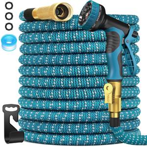 100 ft Expandable Garden Hose, Lightweight Expanding Water Hose with 10 Function Nozzle, 3/4" Solid Brass Fittings, 5-Layer Latex Core, No-Kink Flexible Retractable Hose for Patio, RV, Car Washing