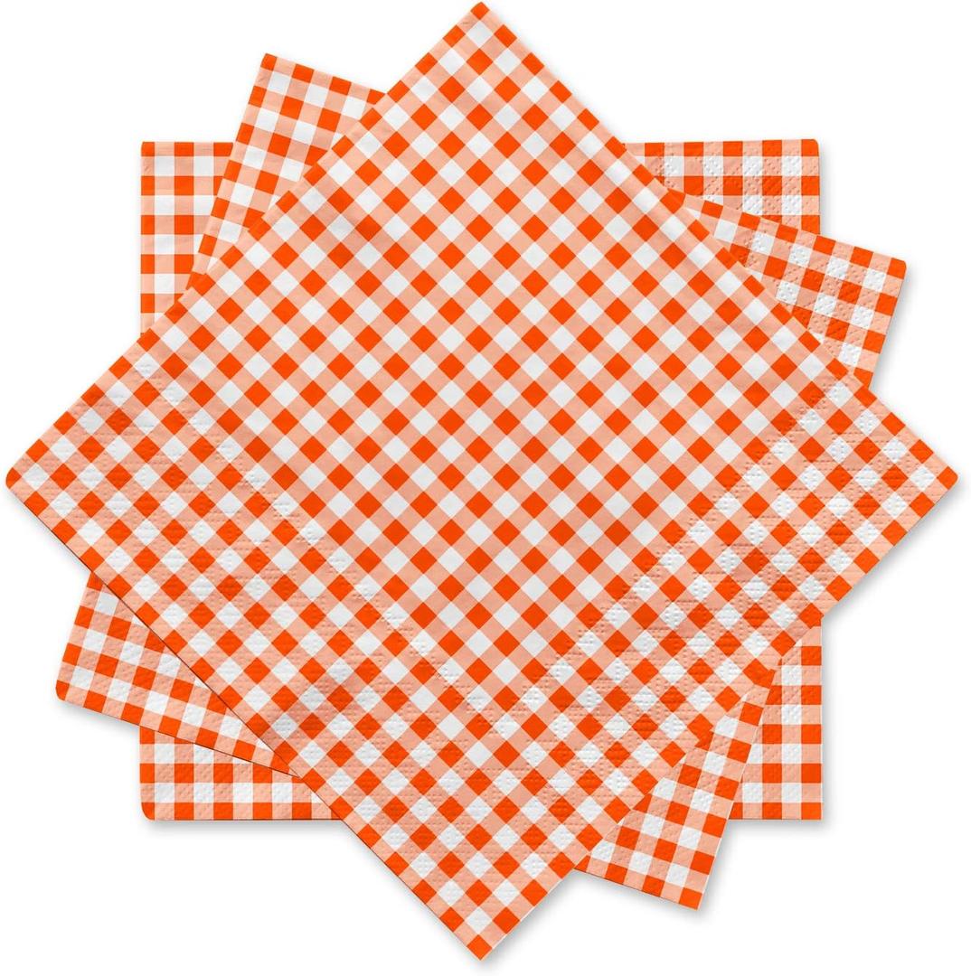 Gatherfun Disposable Paper Napkins 3-ply Orange and White Gingham Beverage Napkins for Dinner, Picnic, Birthday Party6.5X6.5 in, 50-Pack)