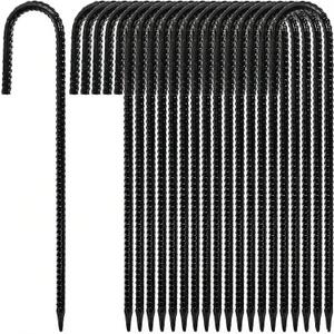 Hacaroa 20 Pack 12 Inch Rebar Stakes Heavy Duty, J Hook Ground Anchors Metal Tent Stakes, Steel Garden Stake for Camping, Canopies, Chain Link Fences, Trampolines, Black
