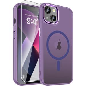 WRJ Magnetic Case for iPhone 13,iPhone 14 Case with Screen Protector, Magnetic Translucent [Compatible with Magsafe] Slim Anti-Fingerprints Shockproof Protective Cover for Women Men-Purple