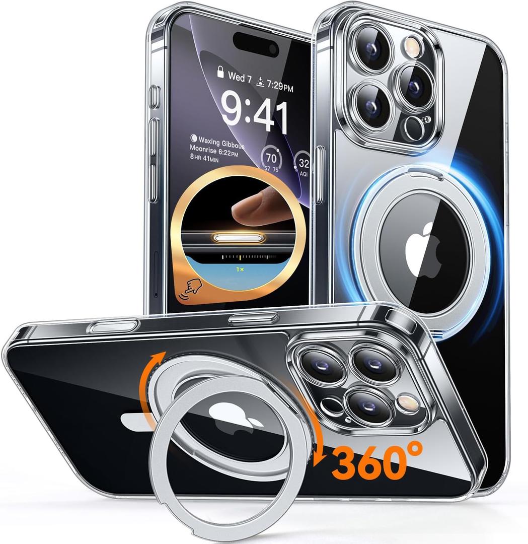 CANSHN 360 Spin Magnetic Stand for iPhone 16 Pro Case with Camera Control [Full Camera Protection] [Compatible with Magsafe] Non-Yellowing Shockproof Protective Phone Cover 6.3" - Clear