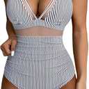 SUUKSESS Women Sexy Mesh Tummy Control Swimsuit Push Up High Waisted Bathing Suit (10 Black Striped)