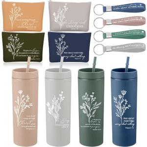 Fumete 4 Set Christian Gifts for Women Men 16oz Bible Verse Skinny Cup Religious Makeup Cosmetic Bag Inspirational Silicone Keychain Christian Fathers Day Gifts for Church(Classic Color)