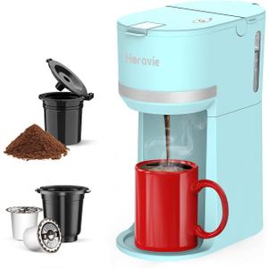 Mini Single Serve Coffee Maker for K Cup and Ground Coffee, Fast Brew One Cup Coffee Machine with Descaling Reminder and Water Window, 6 to 12 oz. Brew Sizes, Light Blue (9.45 Inches)