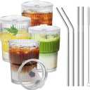 HIGIINC Iced Coffee Cups with Lids 4 Pcs, 13 OZ Glass Cups with Lids and Straws, Reusable Ribbed Glasses Drinking Set, Clear Cute Aesthetic Glass Tumbler for Home Kitchen Office Travel, Small