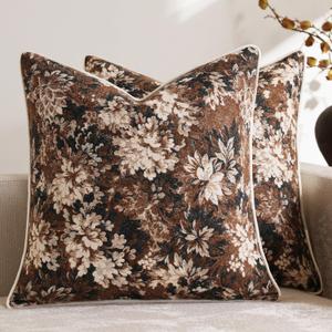 Pack of 2 Vintage Floral Euro Sham Covers 24x24 Boho Farmhouse Accents Chenille Square Decorative Throw Pillow Cases for Living Room Couch Bed Home Decor, Dark Brown