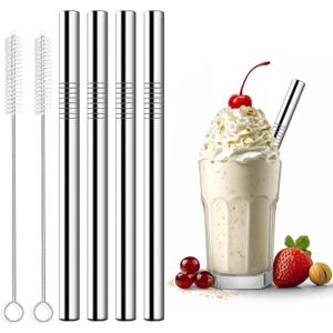 Stainless Steel Smoothie Straws, 0.4'' Extra Wide Reusable Metal Drinking Straws for Milkshake, Smoothie, Bubble Tea, Juice, Beverage, Set of 4 with 2 Cleaning Brush