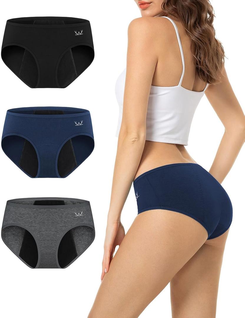 TANSTC Period Underwear for Women Heavy Flow Leakproof Menstrual Panties Postpartum Hipster Briefs 3 Pack (Medium, Black Blue Grey)