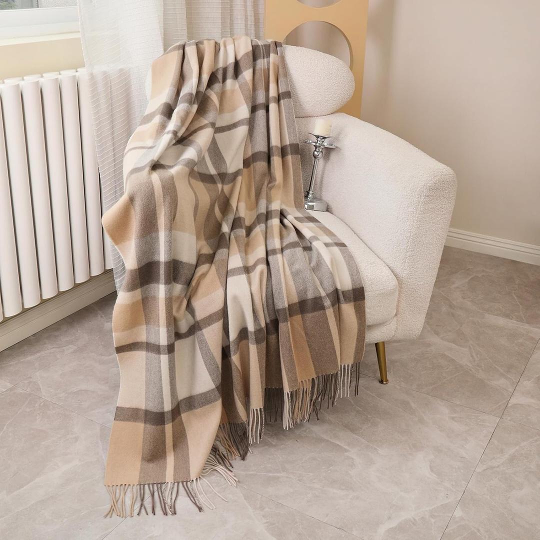 Pure Wool Blanket - Soft Lightweight Breathable Blanket Large 55x83 inches, 1.5 lbs, Wool Fringed Knee Throw Blanket for Couch Bed Outdoor Travel,Tartan-Camel/Cream