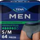 TENA Men Incontinence Underwear, Maximum Plus Absorbency, Adult Diapers, Small/Medium (Waist Sizes 34in-50in), 64 Count (4 packs of 16)