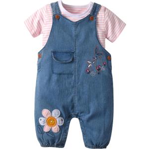 Cute Baby Girls Clothes Toddler Girls Long-Sleeve Romper+Denim Overalls Pants Outfits Infant Girl 0-2 Years Clothes (0-6 Months,Pink #225) (Blue)