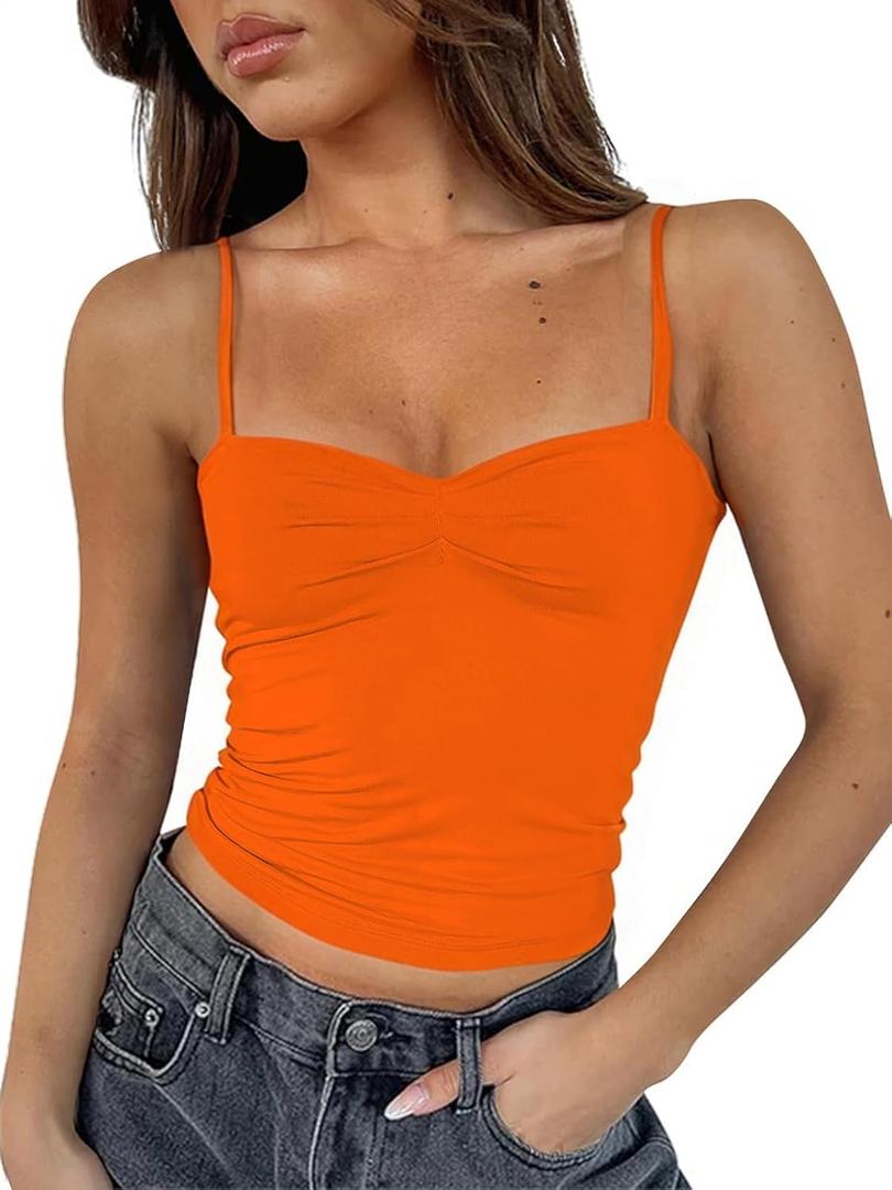 ForeFair Women Y2K Sweetheart Neck Sleeveless Crop Tank Tops Backless Spaghetti Strap Pleated Bustier Camis Going Out Top (Large, Orange)