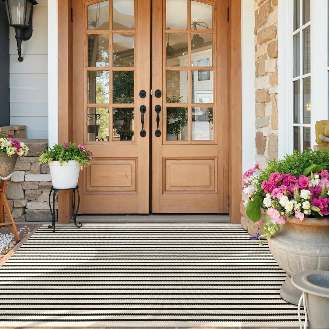 Collive Black and White Striped Fall Outdoor Rug 4'x 6', Washable Cotton Woven Farmhouse Autumn Rug, Layered Welcome Door Mat for Front Porch Deck Bedroom Patio Halloween Decorations
