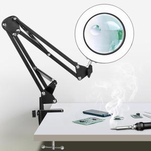 KIRKAS 12X & 30X Magnifying Glass with Light, 72 LEDs Desktop Magnifying Lamp, 10 Dimmable Brightness 3 Color Modes, Adjustable Swivel Arm Lighted Magnifier Lamp for Repair, Craft, Close Work - Black