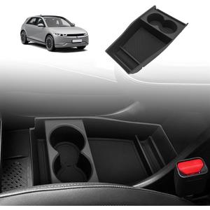 BestEvMod for Ioniq5 Lower Center Console Organizer Cup Holder Tray Storage Box Accessories with Rubber Black Trim Compatible with Hyundai Ioniq 5 2022-2024 Accessories (Lower Tray-Cup Holder Style)