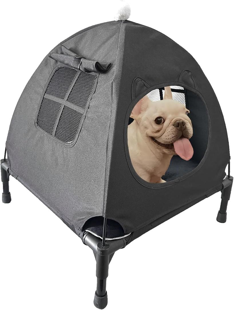 Love&go Elevated Dog Bed with Canopy, Raised Dog House, Elevated Dog Tent (S - Black Bed with Canopy, Small-18.5x18.5x5.5 inch)
