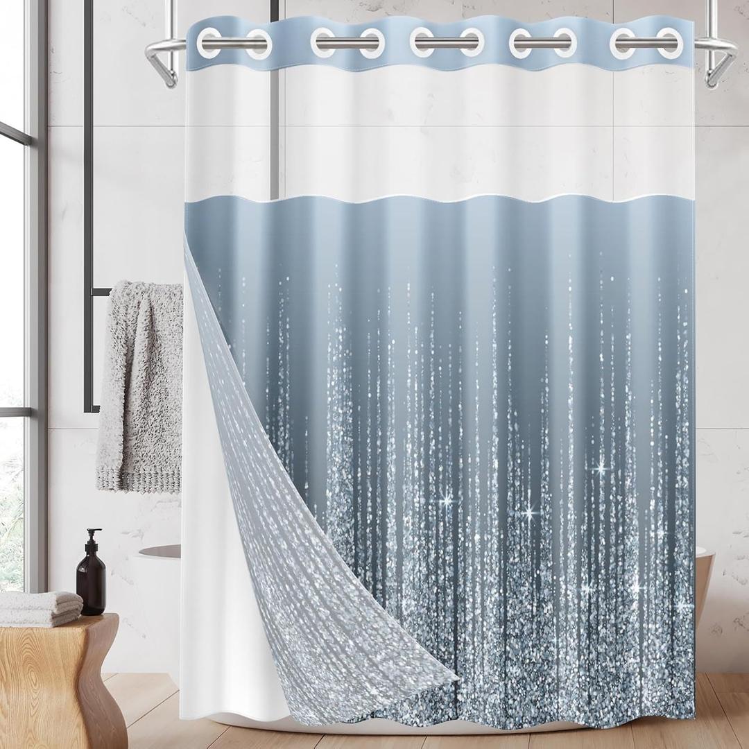 No Hook Silver Dots Blue Shower Curtain with Snap in Fabric Liner Set, Waterproof with See Through Mesh Top Window, Cool Line Glitter Bath Curtain 71x74 Inch No Hook Silver Dots Blue Shower Curtain with Snap in Fabric Liner Set, Waterproof with See Through Mesh Top Window, Cool Line Glitter Bath Curtain 71x74 Inch
