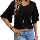 Womens Blouses Ruffle Sleeve Top V Neck Shirts Casual Outfit Bell Sleeve Cute Tee Spring Fall Summer Fashion Clothes (Black, M)