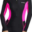 Daci Women Long Sleeve Rash Guard One Piece Boyleg Swimsuit Zipper Surfing Bathing Suit UPF 50+ (Large, Black Pink)