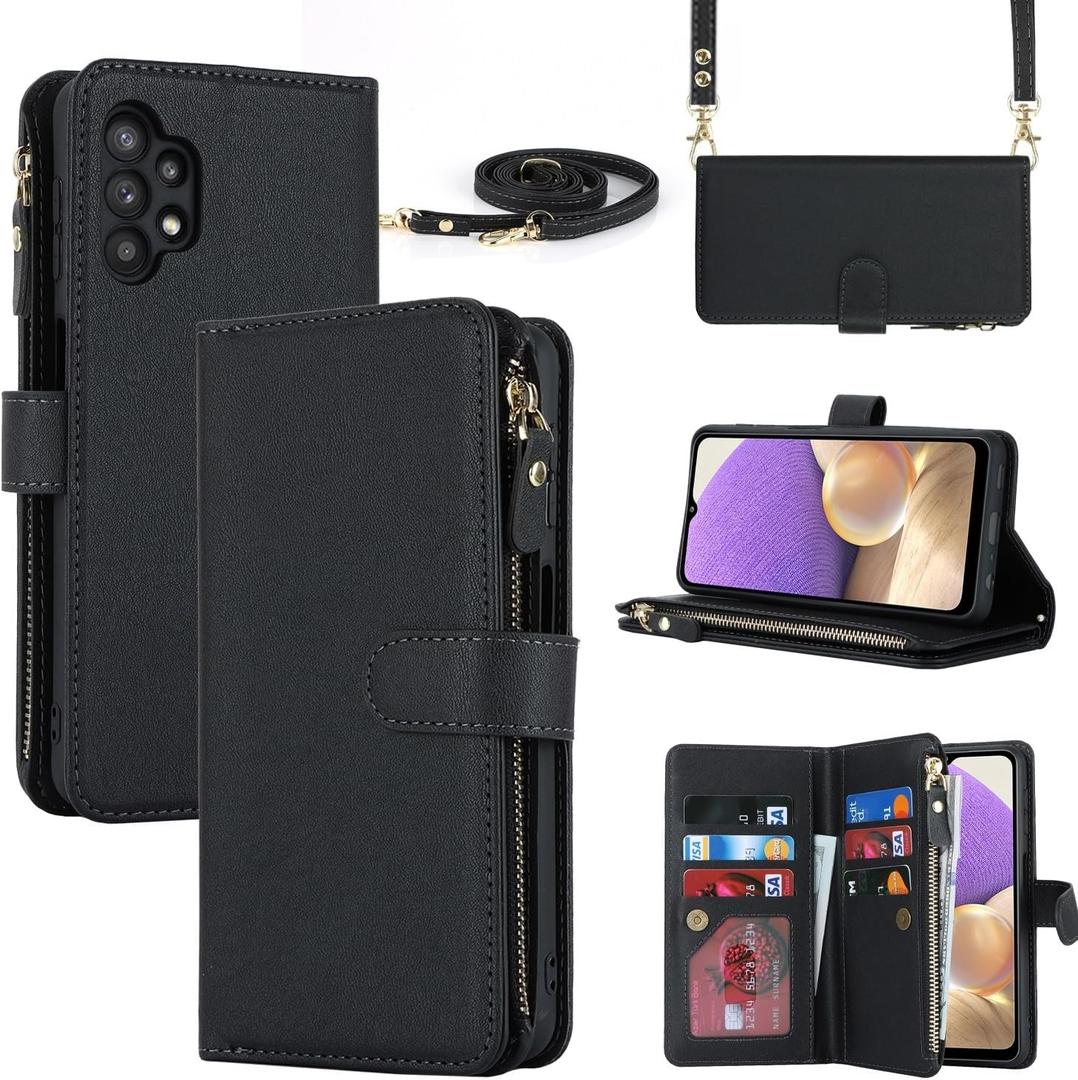 iCoverCase for Samsung Galaxy A32 5G Wallet Case with Card Holder for Women, Crossbody Lanyard Strap Kickstand PU Leather Case with Zipper Pocket Credit Card Slots Cover (Black)