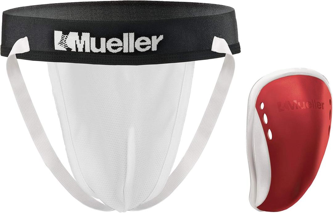 MUELLER Sports Medicine Teen Boy's Athletic Supporter with Flex Shield Cup, Youth Jockstrap for Sports, White Underwear/Red Cup, Large
