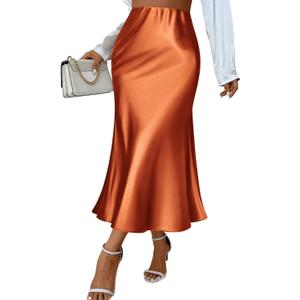 Zeagoo Womens Satin Skirt Thin High Waist Midi Skirt Flowy Silk Casual Skirts Mermaid Hem (Small, Caramel)