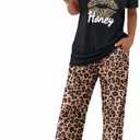 CHICME 2 Pieces Outfit Short Sleeve Top and Elastic Waist Pants Set Casual Leopard Print Pajamas Set-bk-L