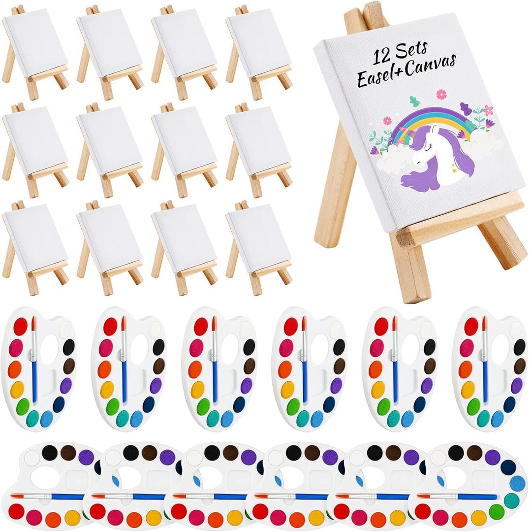 Zubebe 12 Set Mini Canvas Painting Kit, Mini Watercolor Paint Sets, 4 x 4 Inch Canvas with Wooden Easel, 12 Colors Watercolor Palette Brush Bulk for Valentine Gift Art Party Favors (Square Shaped)