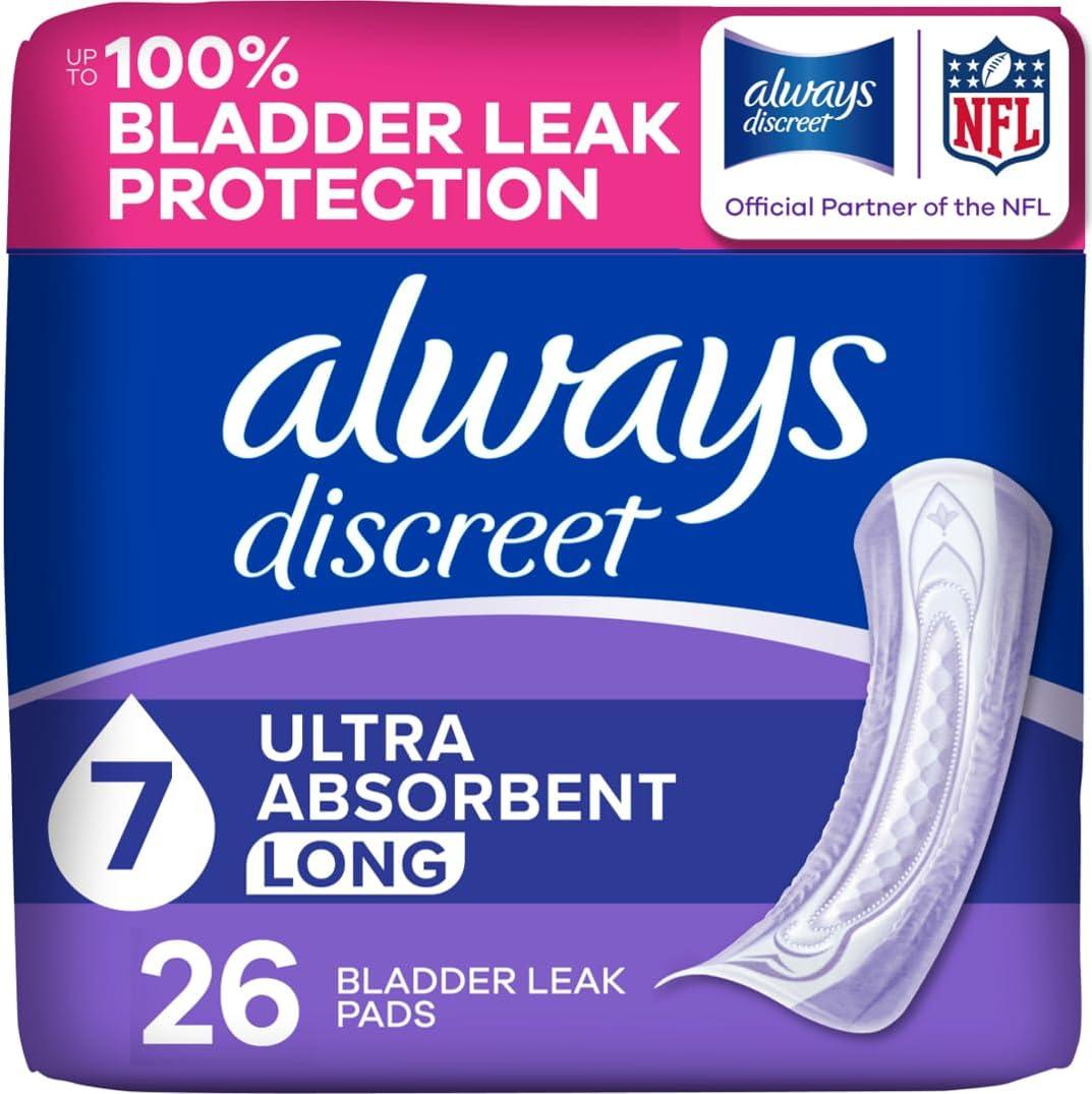 Always Discreet Adult Incontinence Pads for Women, Drier, 7 Drop Long Length, Ultra Absorbency, Pads for Bladder Control Management, Bladder Leaks, Overnight & Postpartum Pads, 26ct
